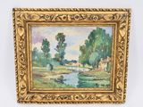 tableau représentant un paysage avec une rivière et des arbres, dans un cadre doré