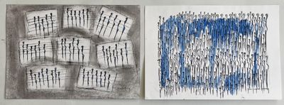 two paintings on a wall one is blue and the other is white