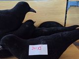 several black birds sitting on top of each other on a wooden table