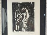 a black and white drawing of two people in a room