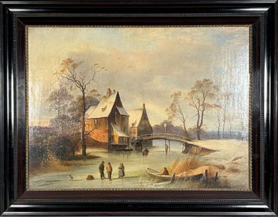 une peinture à l'huile représentant une scène hivernale avec des personnes sur un lac gelé