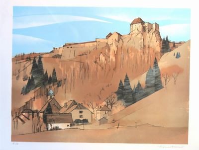 une photo d'un tableau représentant un village de montagne