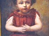 tableau représentant une petite fille en robe rouge assise sur une chaise