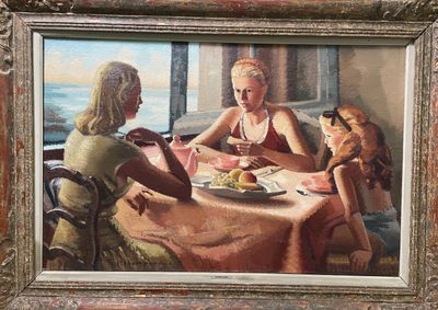 a painting of a family having a meal at a table
