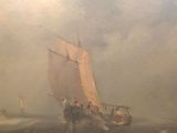 painting of a sailboat in rough water with people on it