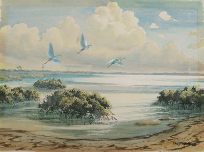 a painting of birds flying over a body of water