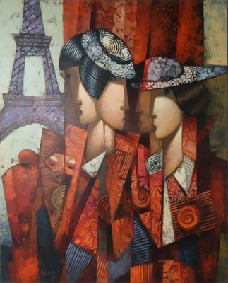 tableau représentant deux femmes coiffées de chapeaux devant la tour Eiffel