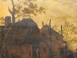 painting of a village scene with a man on a horse and a man on a horse
