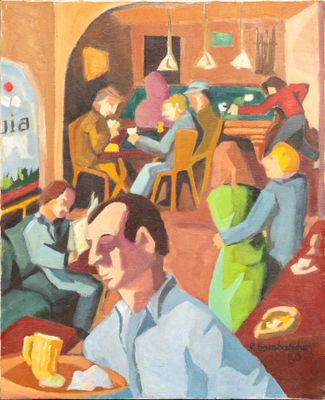 a painting of a group of people sitting at a table