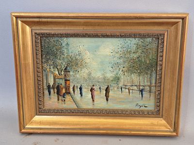 une peinture à l'huile représentant une scène de rue avec des personnes marchant dans la rue