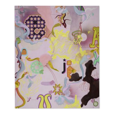 peinture abstraite représentant un chat noir entouré de fleurs et de lettres