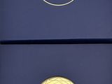 a close up of a gold coin in a blue box