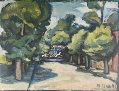 a painting of a truck driving down the road
