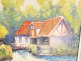 a painting of a house by the water with a red roof