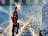 painting of a spider - man hanging from a spider - web in the snow