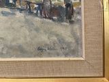 a painting of a horse drawn carriage on the street