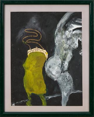 tableau représentant une femme en robe jaune et un homme sur fond noir