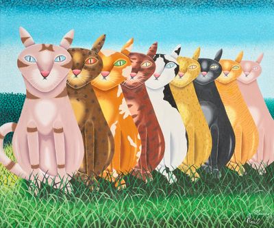 tableau représentant un groupe de chats alignés dans un champ herbeux
