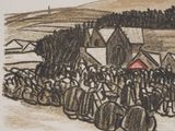 a drawing of a crowd of people standing in front of a building