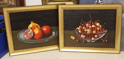 two paintings of fruit and a bowl of cherries on a table