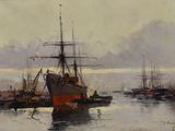 un tableau représentant un navire dans un port, entouré d'autres bateaux