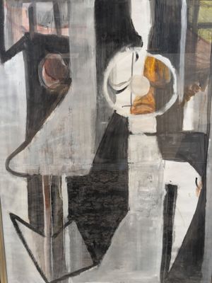 a painting of a woman holding a plate of food