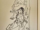 an open book with a drawing of a woman on a chair