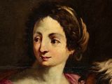 portrait of a woman with a dog by a painting of a woman