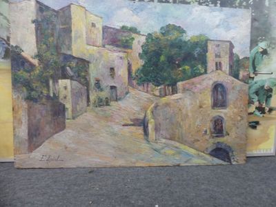 une peinture représentant une rue avec des bâtiments peints dessus
