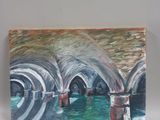 an oil painting of a painting of a bridge over a body of water