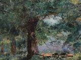 painting of a path in a wooded area with trees and a bench