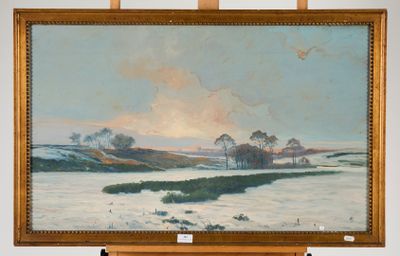une peinture à l'huile représentant un paysage enneigé avec des arbres au loin