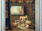 painting of sheep and lambs in a barn by a window