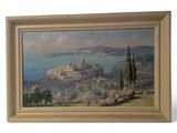 an oil painting of a view of a bay with a castle in the distance