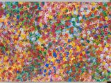 an abstract painting of colorful flowers on a white background