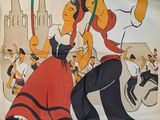 an old poster of a couple dancing in front of a crowd of people