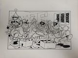 drawing of a group of cartoon characters sitting around a christmas tree