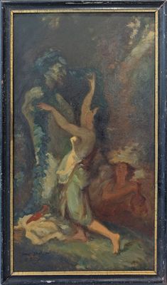 une peinture à l'huile représentant un homme et une femme dans un décor boisé