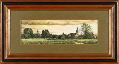 une peinture à l'huile d'un paysage avec une église au loin