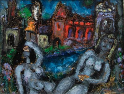 un tableau représentant deux personnes assises sur un banc