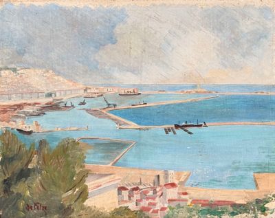 une peinture représentant une vue d'un port avec des bateaux dans l'eau