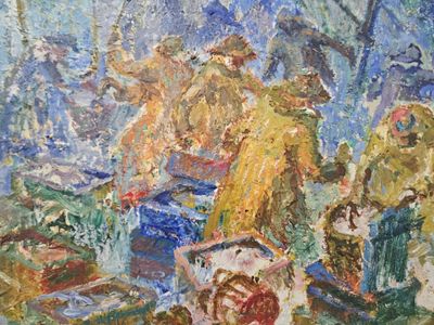a painting of a group of people sitting at a table