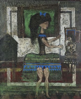 an image of a painting of a woman sitting on a bed