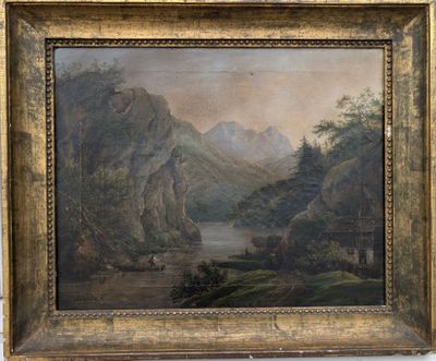 une peinture à l'huile représentant une scène de montagne avec une rivière au premier plan