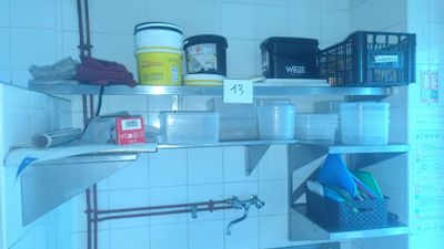 a shelf that has various items on it