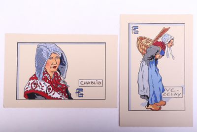 deux cartes avec le dessin d'une femme tenant un panier et d'un homme portant un panier