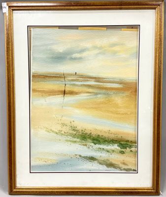 une peinture à l'huile représentant une scène de plage avec un bateau dans l'eau