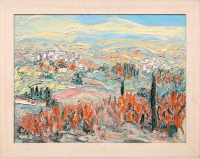 une peinture à l'huile représentant un paysage avec des arbres et des collines en arrière-plan