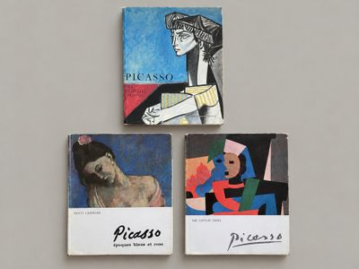 three paintings of a woman and a man on a wall