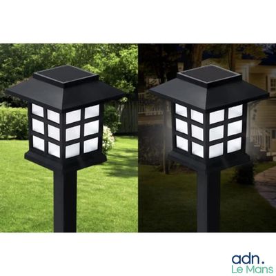 a couple of black and white lights sitting on top of a lush green field